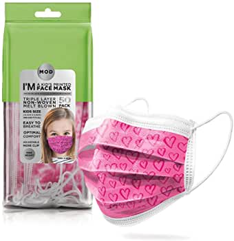 MOD Disposable Face Mask Adults, Children, 50-Pack, Printed, Hypoallergenic