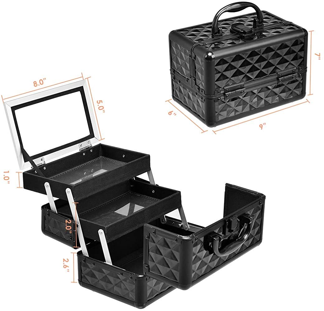 Moccha Mini Makeup Box, Portable Cosmetics Train Case with a Handle & Lockable Key, Practical Travelling Storage Box with 2-Tier Trays & Mirror, for Home Makeup Jewelry Storage