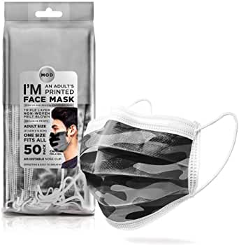 MOD Disposable Face Mask Adults, Children, 50-Pack, Printed, Hypoallergenic