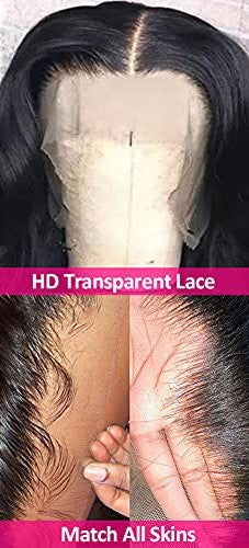 Wingirl 13x4 HD Transparent Lace Front Human Hair Wigs for Women 9A 220% Density Brazilian Body Wave Lace Front Wigs Pre Plucked Hairline with Baby Hair Black Color(16-26, 220% density)
