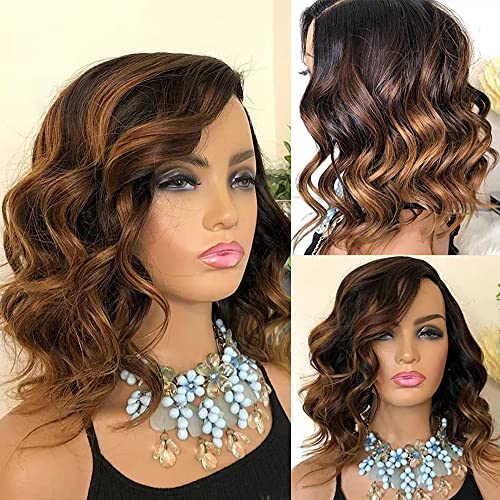 Derun 150% Density Highlight Short Wavy 13×6 Lace Front Wigs Human Hair Lace Frontal Wig 1B/30 Remy Hair for Women