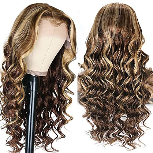 Beauty Forever #TL412 Highlight Blonde Body Wave T Part Lace Front Wig Human Hair Wigs For Black Women, 20 Inch Brown Piano Color 13X5X0.5 Lace Part Wig 150% Density