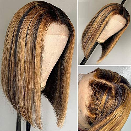 T Part Lace Front Wig Pre Plucked Straight Honey Blond Ombre Color Highlight 13X4X1 Lace Front Brazilian Virgin Human Hair Wigs with Baby Hair for Women 150% Density 8-28 Inch