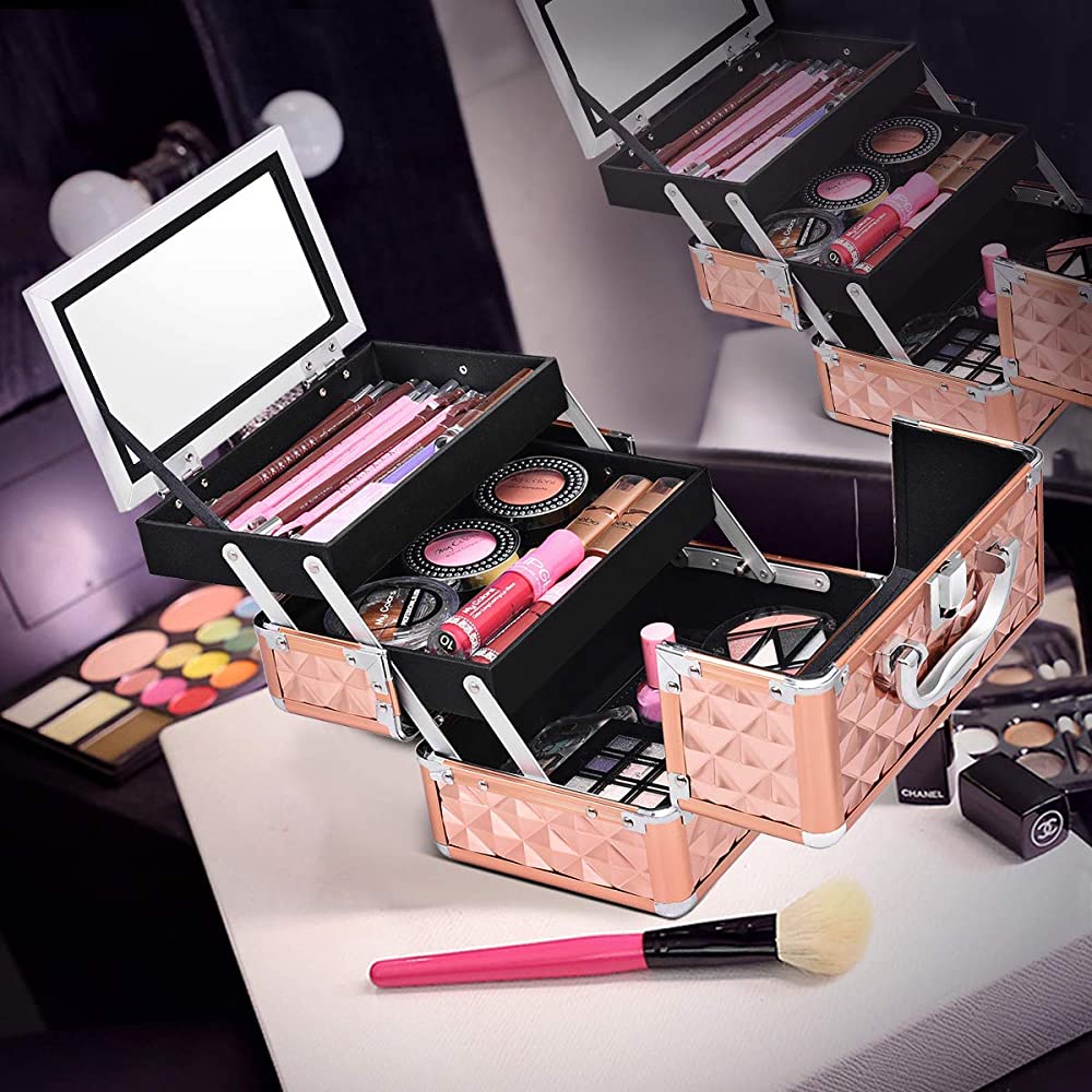 Moccha Mini Makeup Box, Portable Cosmetics Train Case with a Handle & Lockable Key, Practical Travelling Storage Box with 2-Tier Trays & Mirror, for Home Makeup Jewelry Storage