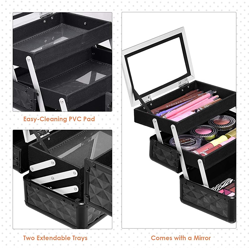 Moccha Mini Makeup Box, Portable Cosmetics Train Case with a Handle & Lockable Key, Practical Travelling Storage Box with 2-Tier Trays & Mirror, for Home Makeup Jewelry Storage