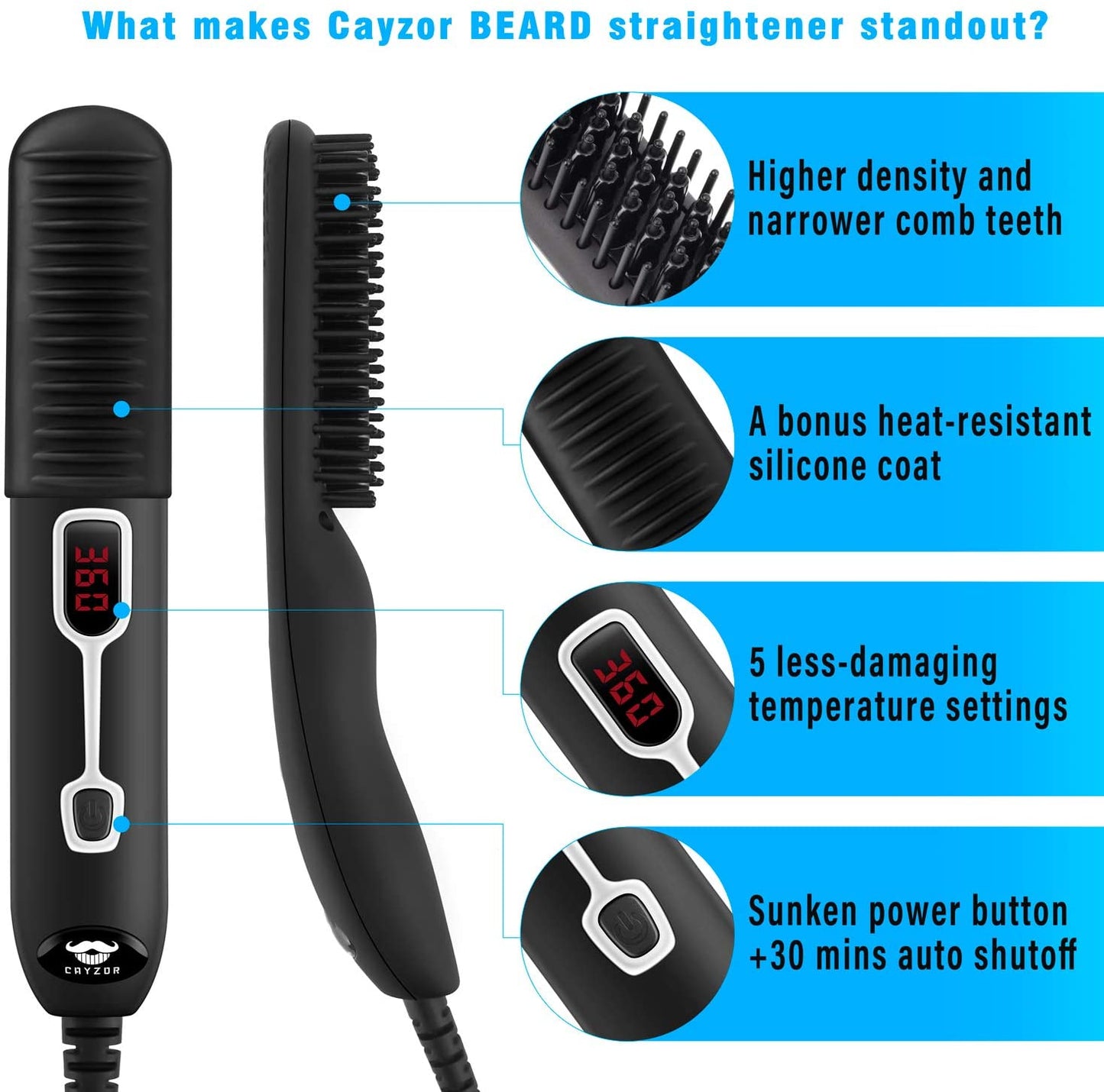 Cayzor Beard Straightener Comb for Men - Upgraded Professional Electric Mens Beard Straightening Heated Brush Portable Anti-Scald 5 Adjustable Temperatures & LCD Display with Carrying Bag