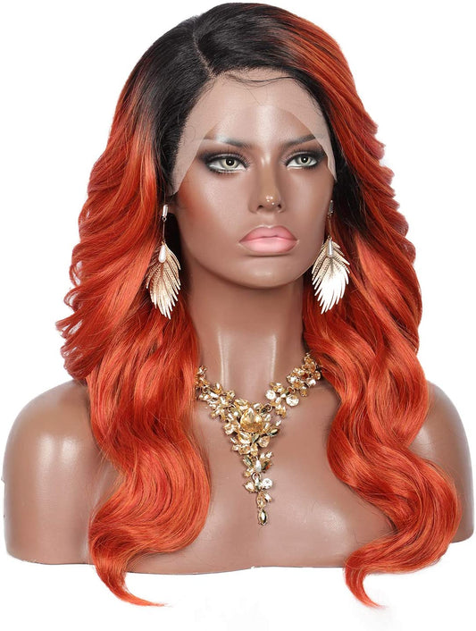 Kalyss 21" Swiss Lace Front Wigs with Baby Hair for Women Side Parted Long Curly Wavy Heat Resistant Japan-made Synthetic 5” Deep Lace Part Ombre Cooper Wigs