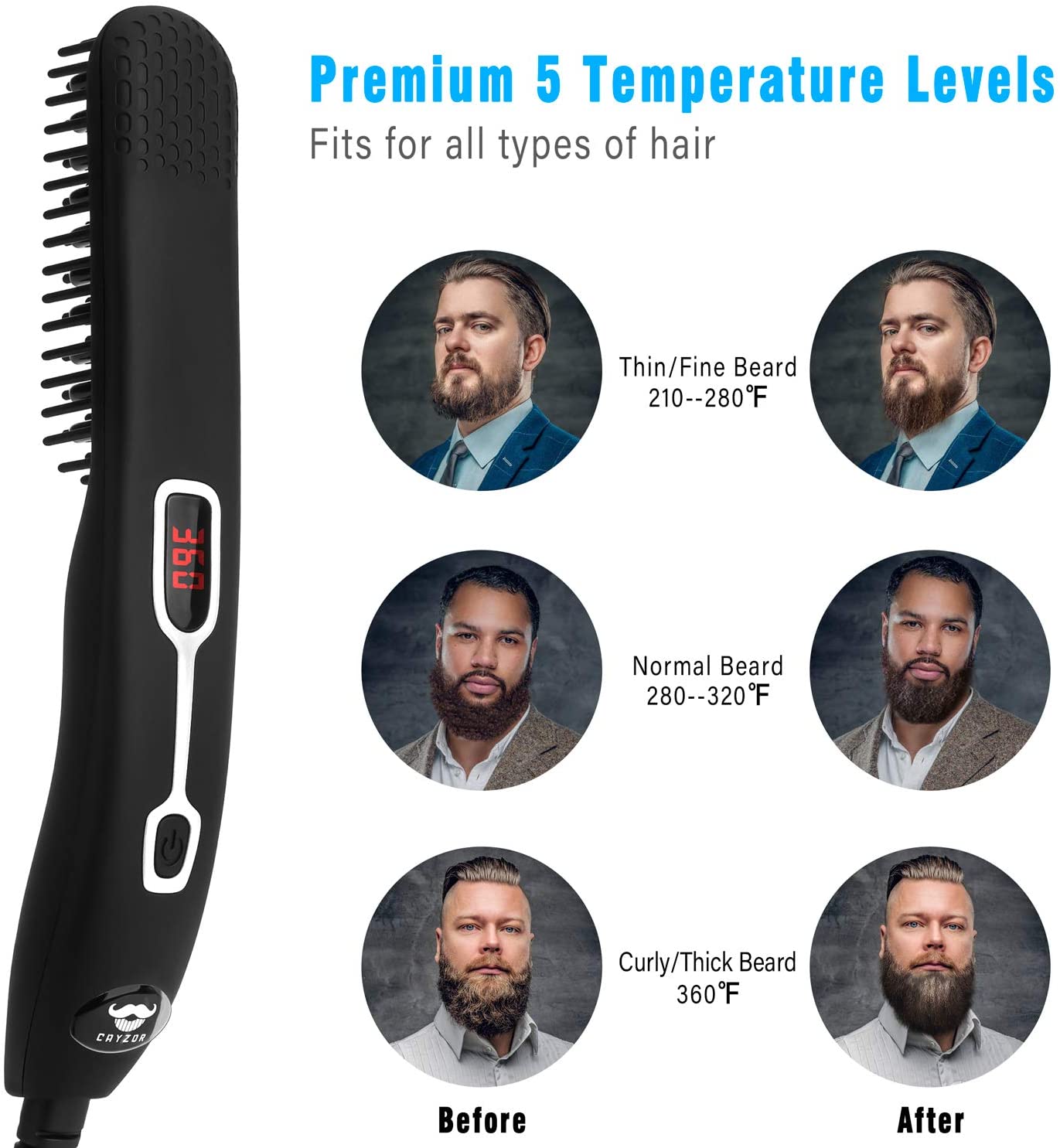 Cayzor Beard Straightener Comb for Men - Upgraded Professional Electric Mens Beard Straightening Heated Brush Portable Anti-Scald 5 Adjustable Temperatures & LCD Display with Carrying Bag