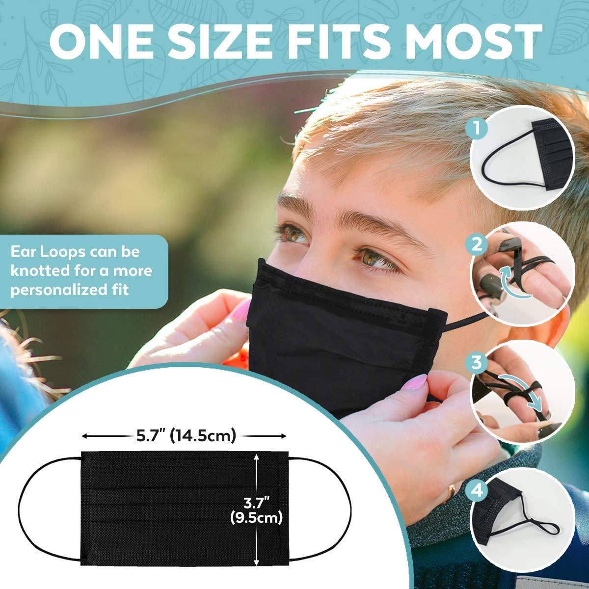 Face Masks for Kids (50 Pack) - Kids Face Mask, Premium Designed Kids Mask with Longer Earloops & Adjustable Metal Nose Strip, Disposable Black Face Mask