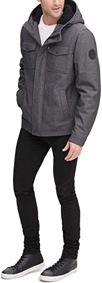 Men's Soft Shell Two Pocket Sherpa Lined Hooded Trucker Jacket