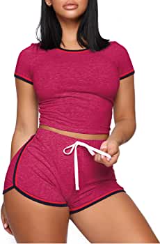 WIHOLL महिलाओं के लिए कैज़ुअल 2 पीस शॉर्ट स्लीव आउटफिट सेट समर सेक्सी एक्टिव ट्रैकसूट 