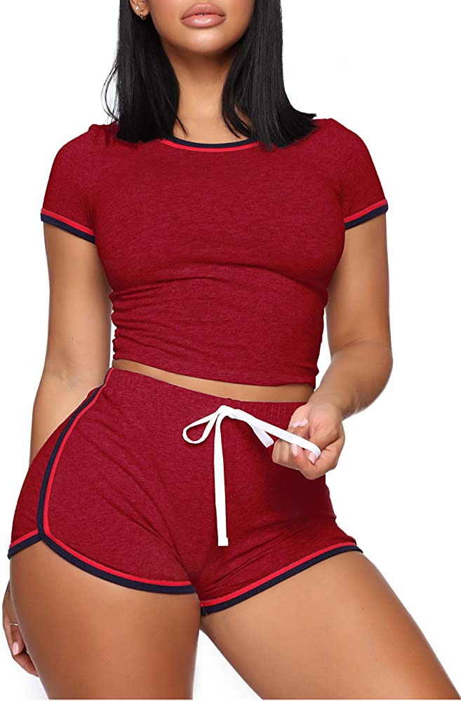 WIHOLL महिलाओं के लिए कैज़ुअल 2 पीस शॉर्ट स्लीव आउटफिट सेट समर सेक्सी एक्टिव ट्रैकसूट 