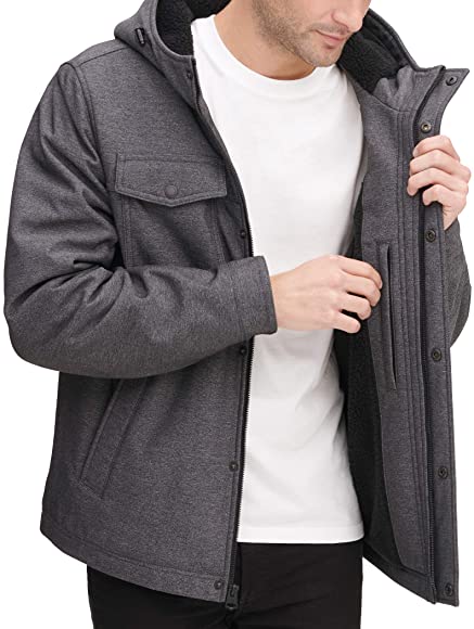 Men's Soft Shell Two Pocket Sherpa Lined Hooded Trucker Jacket