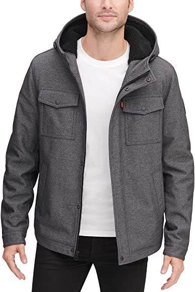 Men's Soft Shell Two Pocket Sherpa Lined Hooded Trucker Jacket