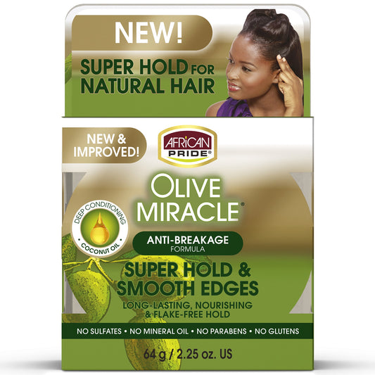 African Pride Olive Miracle Super Hold and Smooth Edges - For Wavy, Curly, Coily, Relaxed, Locs & Protective Styles. Contains Olive & Coconut Oil, 2.25 Oz.