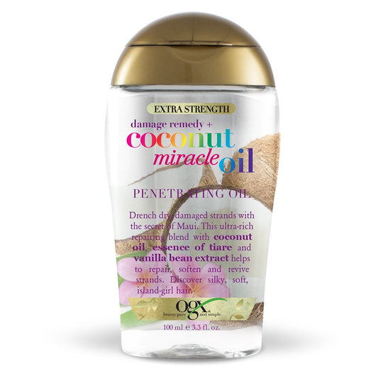 OGX Extra Strength Damage Remedy + Coconut Miracle Oil Penetrating Hair Oil Treatment, Extra Hydrating Anti-Frizz Oil for Coarse, Dry Hair, Paraben-Free, Sulfated-Surfactants Free, 3.3 oz