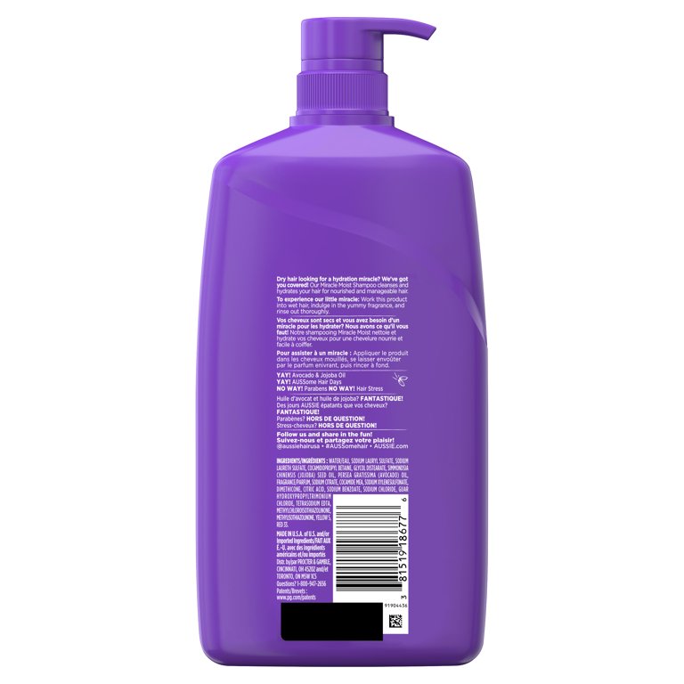 Aussie Miracle Moist Shampoo with Avocado, Paraben Free, 26.2 Fl Oz