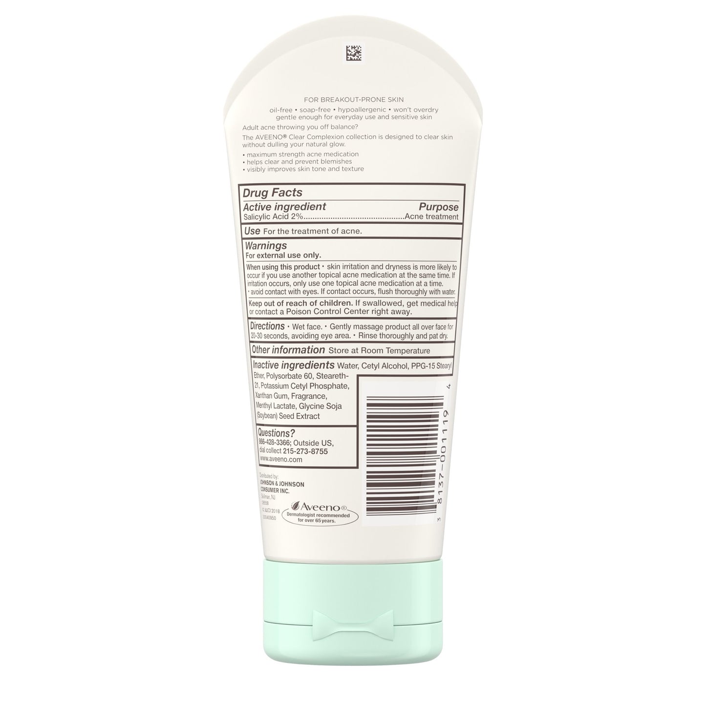 Aveeno Clear Complexion Cream Salicylic Acid, for Oily Skin, Oil-Free, 5 fl oz