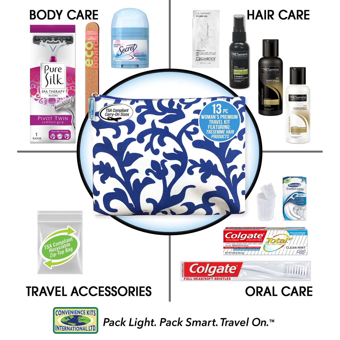 Convenience Kits International Women's Premium 13 PC Assembled Kit, TSA Compliant, in Reusable Toiletry Bag w/Handle, Featuring: TRESemme Hair Products